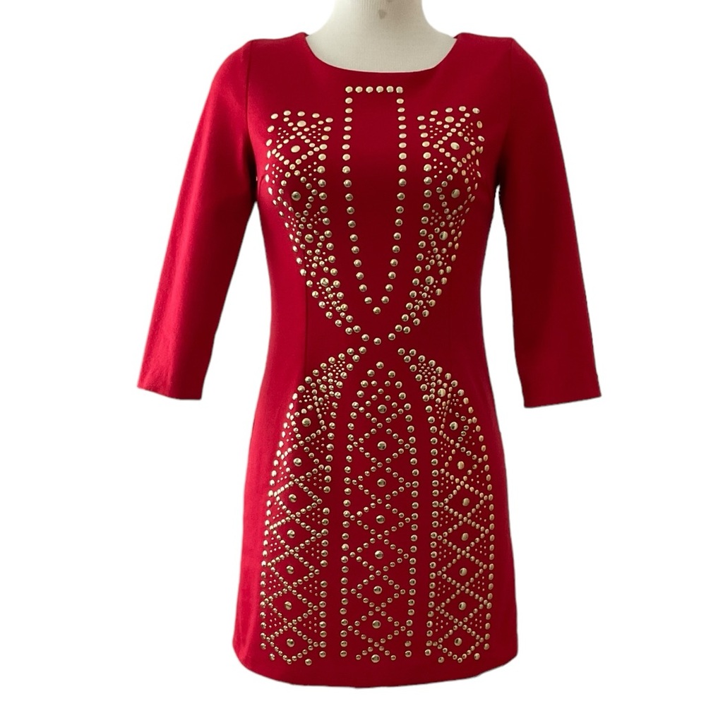 I. MADELINE Woman’s Dress Red Long Sleeve Gold Studded Zip Up Back Size S EUC